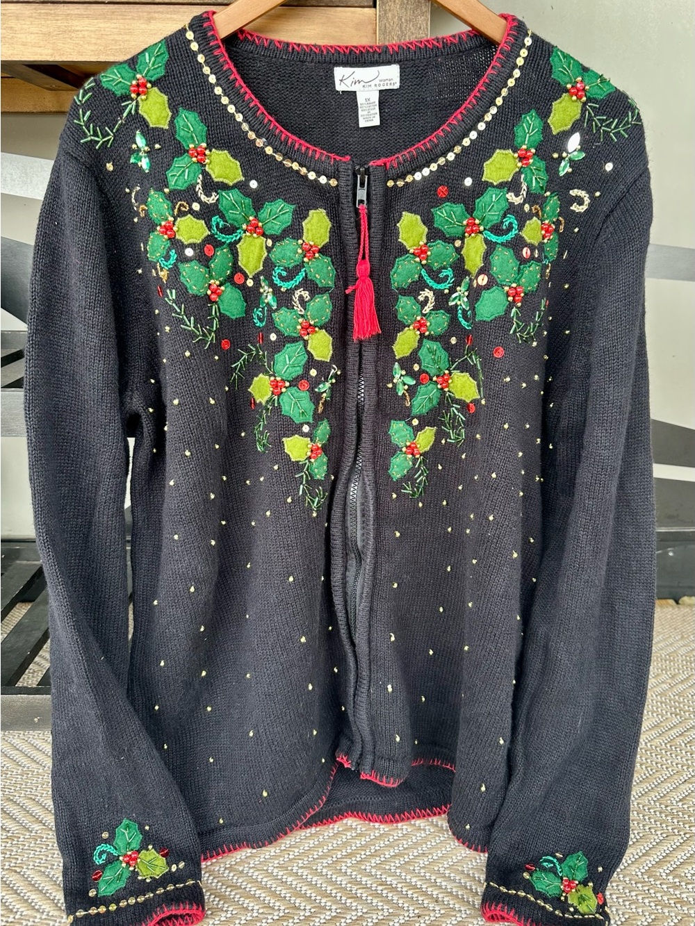 Kim Rogers Black Holiday Holly Embroidered Zip Cardigan with Red Tassel
